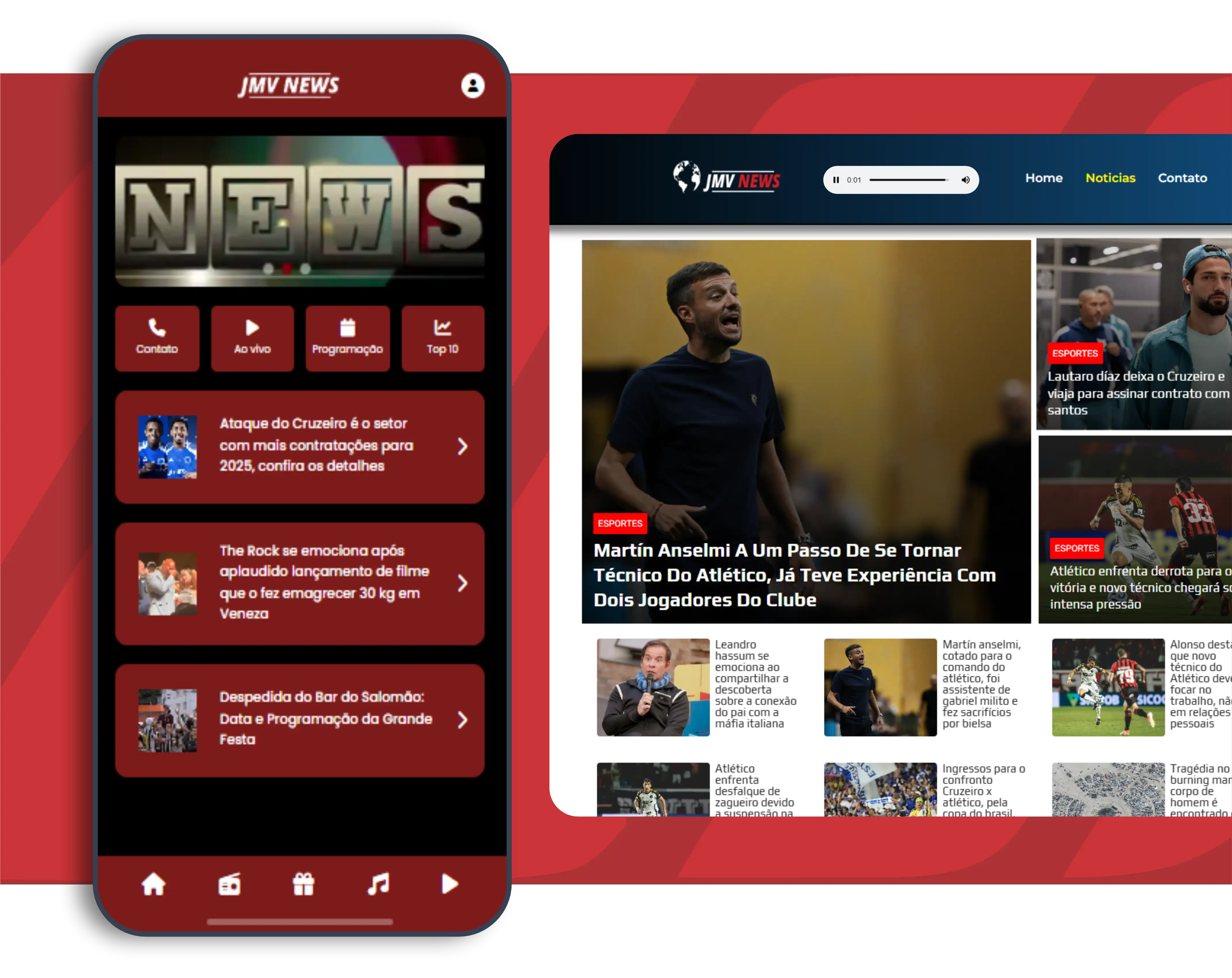 Mockup mostrando aplicativo Cross Media e site JMV News com integração completa entre rádio, TV, streaming e portal de notícias