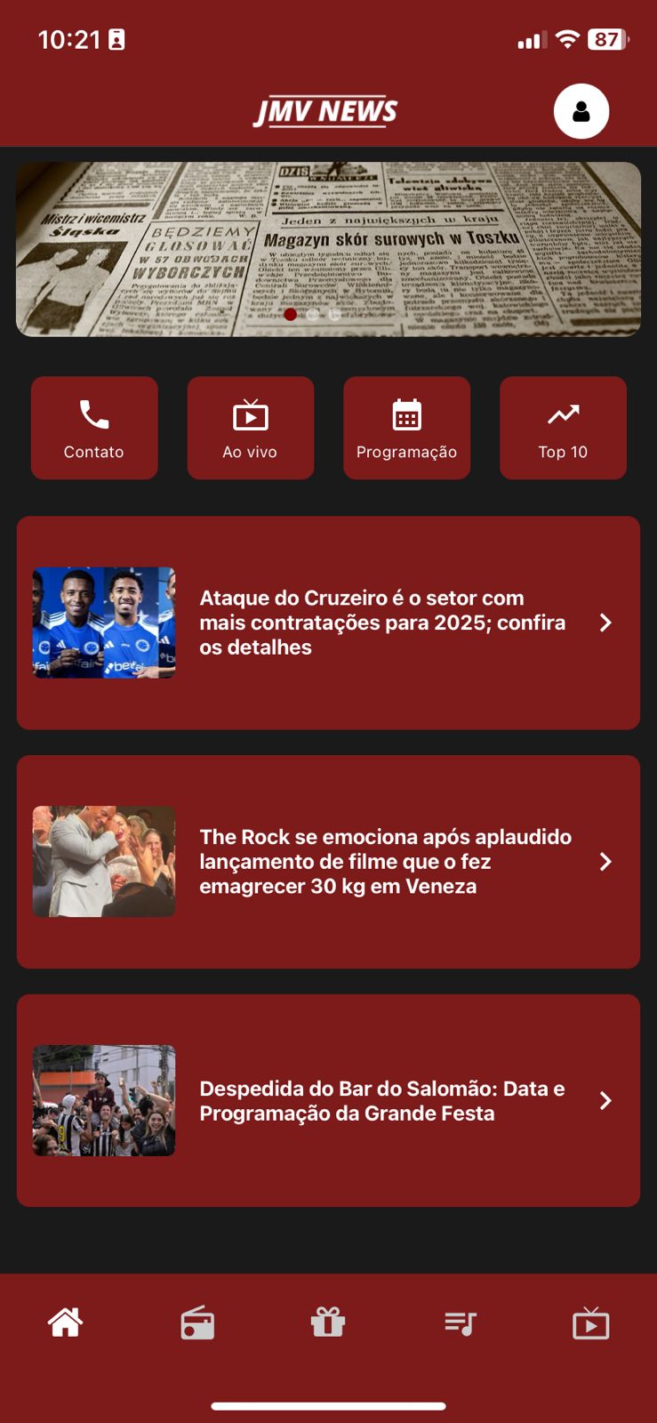 Tela inicial do aplicativo Cross Media JMV News mostrando home com streaming, notícias e programação
